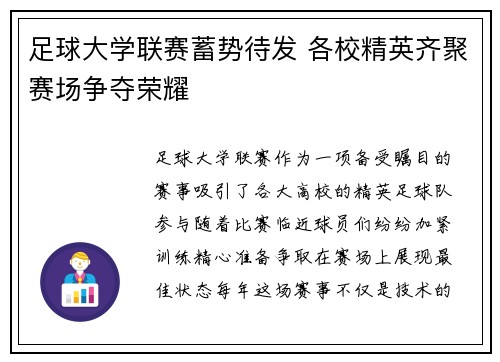 足球大学联赛蓄势待发 各校精英齐聚赛场争夺荣耀