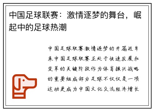中国足球联赛：激情逐梦的舞台，崛起中的足球热潮