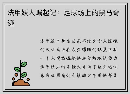 法甲妖人崛起记：足球场上的黑马奇迹