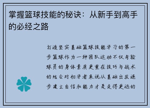 掌握篮球技能的秘诀：从新手到高手的必经之路