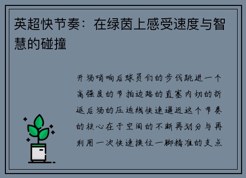 英超快节奏：在绿茵上感受速度与智慧的碰撞