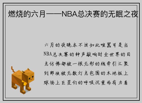 燃烧的六月——NBA总决赛的无眠之夜