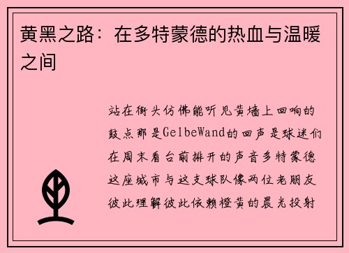 黄黑之路：在多特蒙德的热血与温暖之间